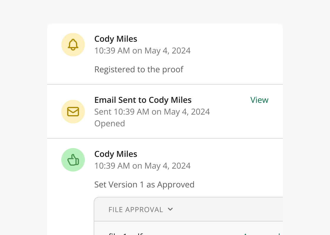 Comprehensive proof timeline showing chronological documentation of all proofing activities